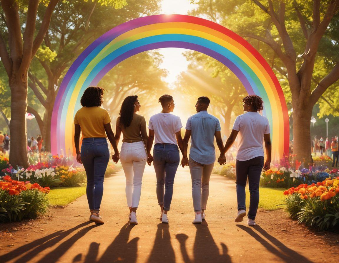 A vibrant gathering of diverse LGBTQ+ couples holding hands in a rainbow-lit park, surrounded by symbols of pride like flags and flowers. The backdrop features supportive community members, showcasing love and unity in celebration. Soft sunlight filters through trees, casting a warm glow on joyful faces. super-realistic. vibrant colors. peaceful atmosphere.